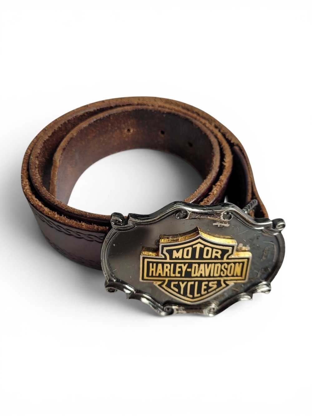 Vintage Harley-Davidson Brown Leather Belt Shield Buckle Raintree 1978